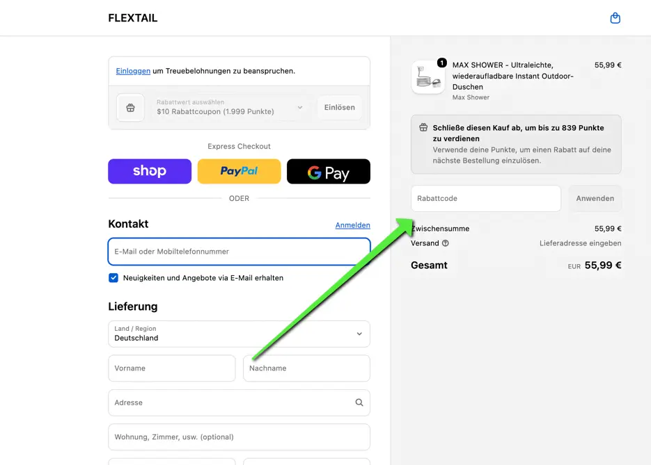 FLEXTAIL Checkout-Seite mit Eingabefeld für Rabattcode während des Bestellvorgangs