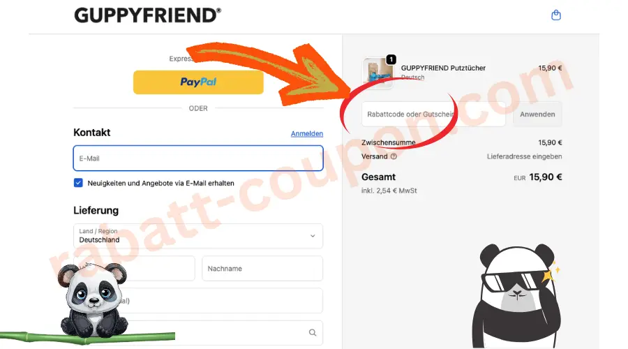 GUPPYFRIEND Checkout Seite mit Eingabefeld für Rabattcode oder Gutschein im Warenkorb