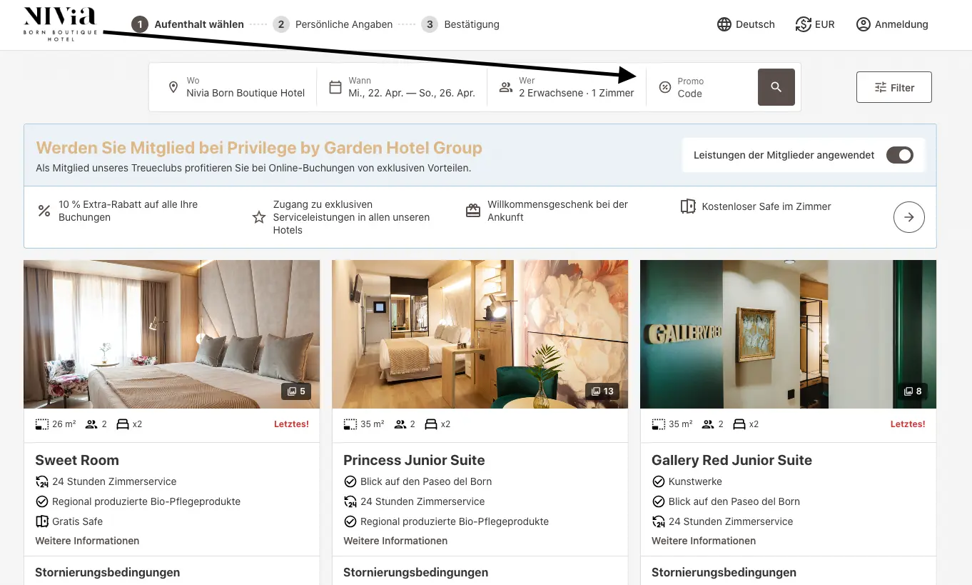Screenshot der Buchungsseite von Garden Hotels Group mit Auswahl von Zimmern, Preisübersicht und Eingabefeld für Promo-Code.