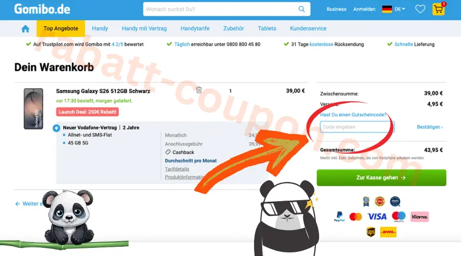 Gomibo Warenkorb mit Eingabefeld für Gutscheincode im Checkout Bereich beim Smartphone Kauf