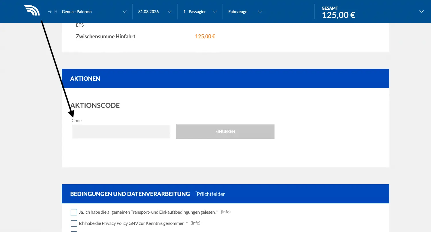 Screenshot einer Buchungsseite für eine Fährverbindung von Genua nach Palermo mit hervorgehobenem Eingabefeld für einen Aktionscode sowie einem Gesamtpreis von 125,00 €.