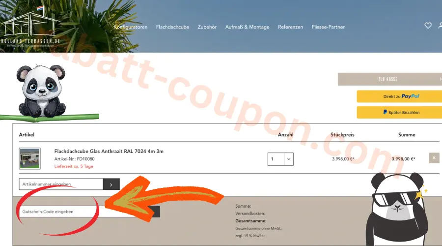Holland Terrassen Warenkorb mit Eingabefeld fĂŒr Gutschein Code im Checkout Bereich