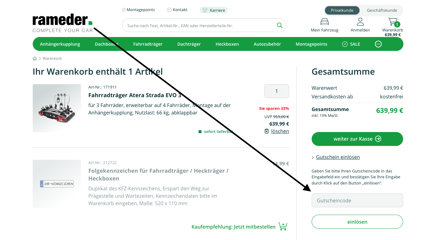 Rameder Warenkorb Screenshot mit Fahrradträger und Eingabefeld für Gutscheincode auf der rechten Seite