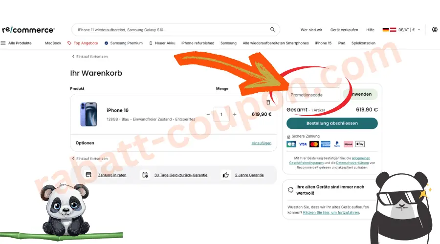 recommerce Warenkorb Seite mit Eingabefeld für Promotionscode zur Nutzung eines Gutscheins beim Smartphone Kauf