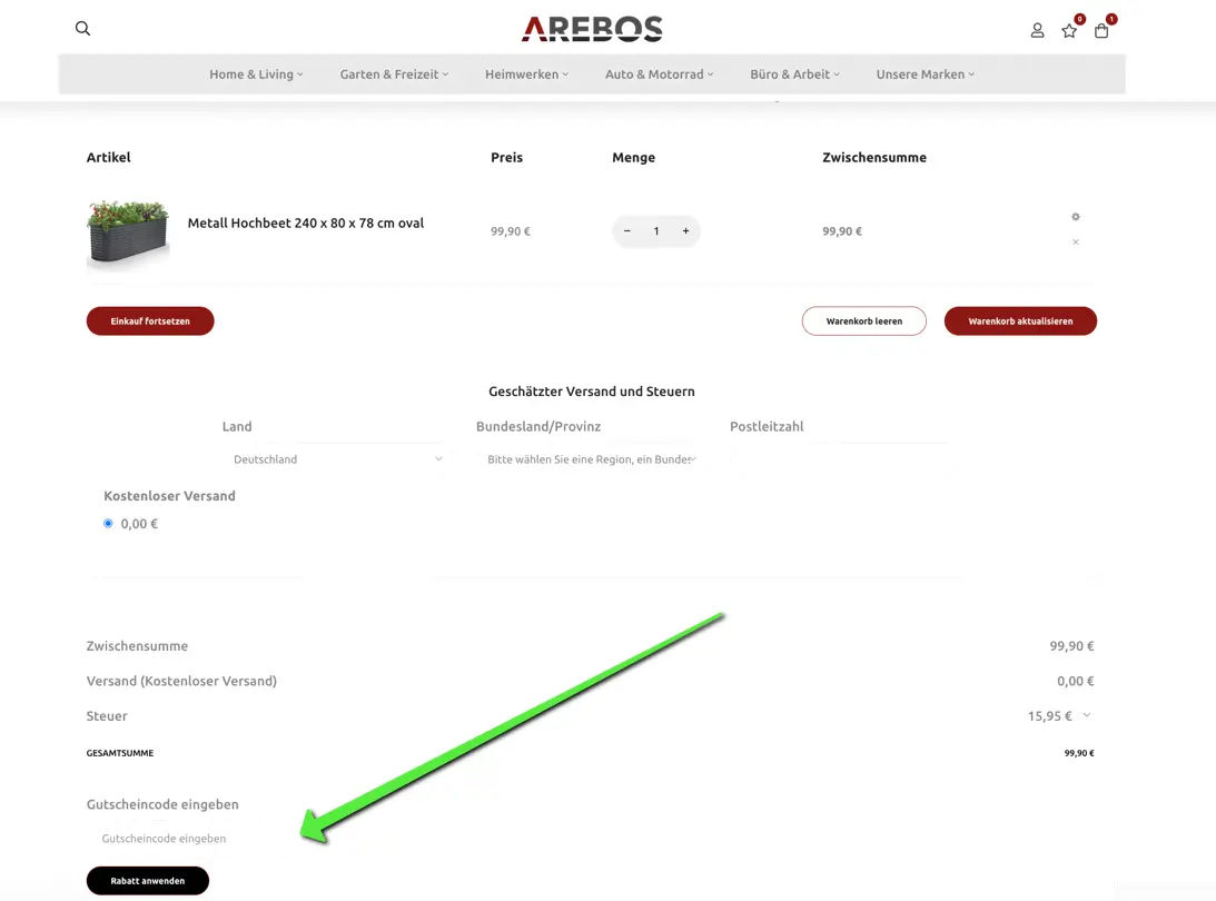 Screenshot des Arebos Warenkorbs mit markiertem Feld zur Eingabe eines Gutscheincodes