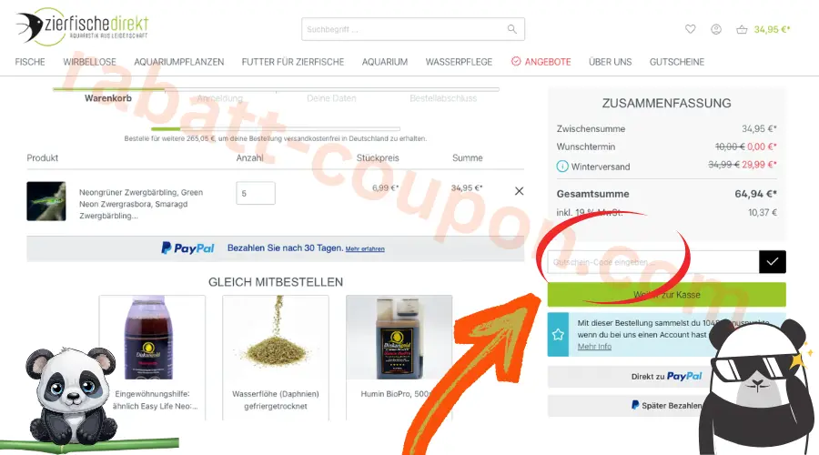 zierfische-direkt Warenkorb mit Eingabefeld für Gutschein oder Rabattcode im Checkout