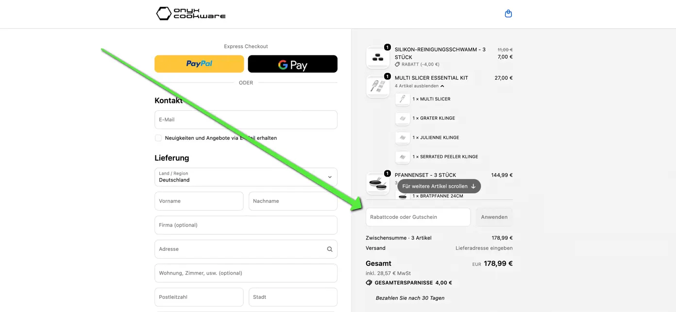 Screenshot des Onyx Cookware Checkouts mit hervorgehobenem Feld zur Eingabe eines Rabattcodes oder Gutscheins.