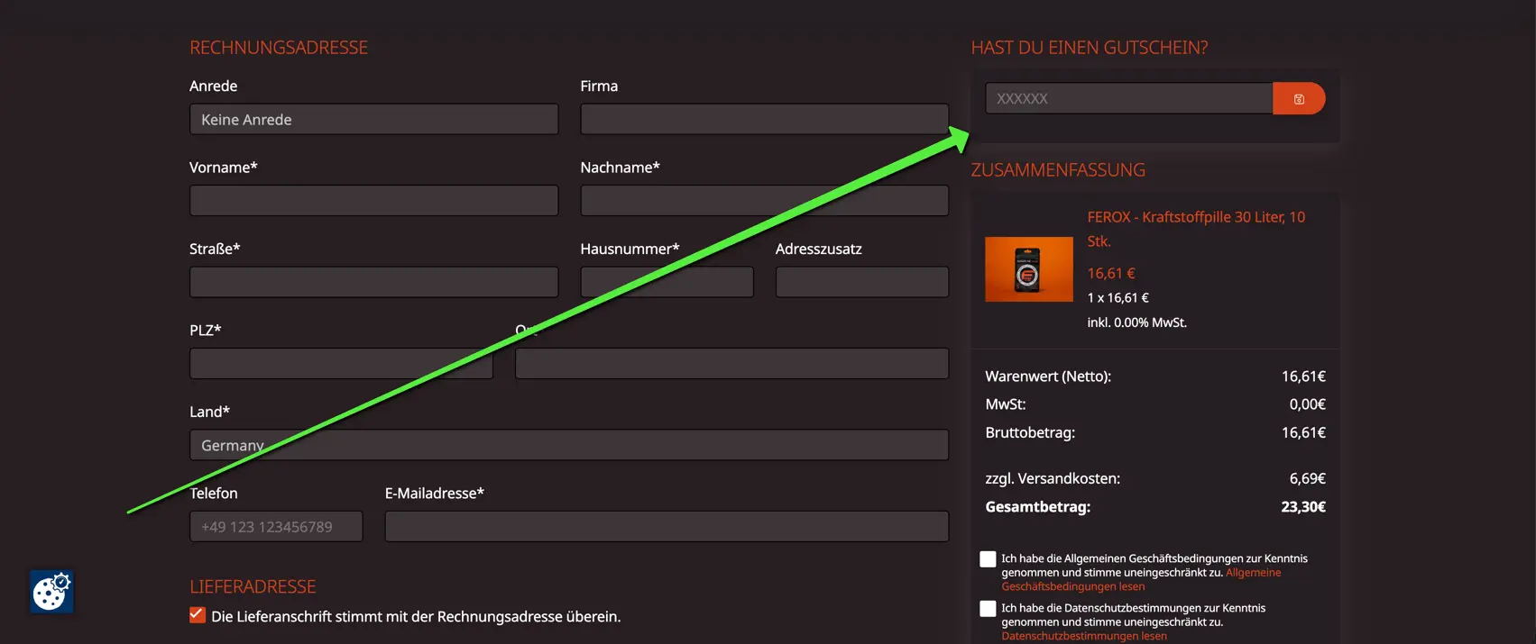 Screenshot des Ferox Checkouts mit hervorgehobenem Feld zur Eingabe eines Gutscheincodes im Bestellprozess.