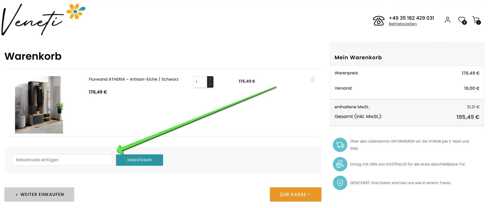 Screenshot des Veneti Warenkorbs mit Eingabefeld für einen Rabattcode zur Einlösung eines Gutscheins.