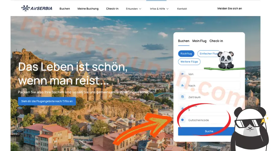 Air Serbia Buchungsmaske mit Gutscheincode-Feld auf Startseite markiert
