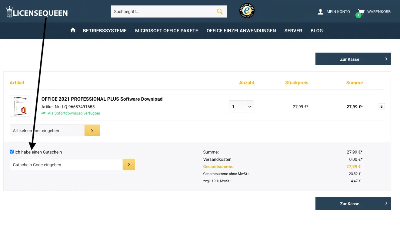 Screenshot des Lincensequeen-Warenkorbs mit Office 2021 Professional Plus, Preisübersicht und eingeblendetem Feld zur Eingabe eines Gutschein-Codes.