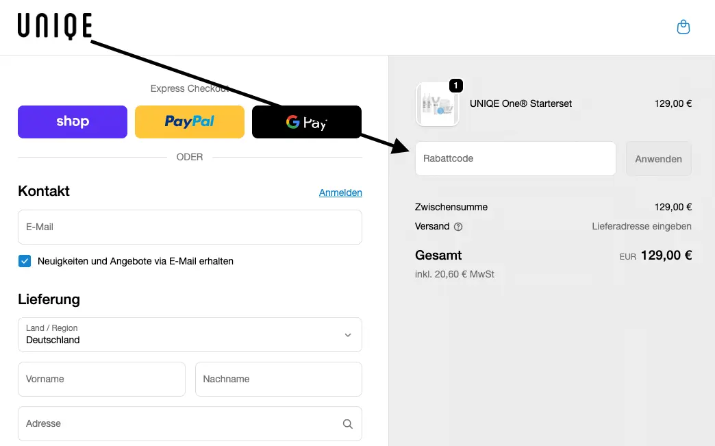 Checkout-Seite von UNIQE mit markiertem Rabattcode-Feld auf der rechten Bestellübersicht neben dem Produkt UNIQE One Starterset für 129,00 €.