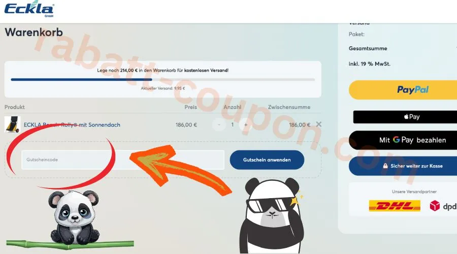Eckla Warenkorb mit Eingabefeld für Gutscheincode im Checkout Bereich