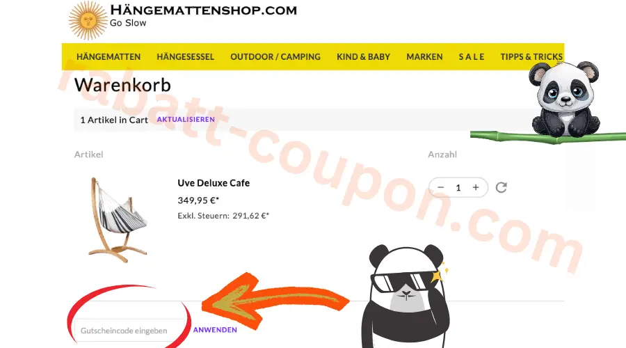 Hängemattenshop.com Warenkorb mit markiertem Gutscheincode-Feld im Checkout