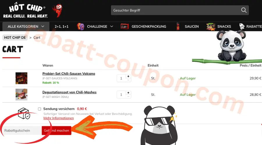 Hot Chip Warenkorb mit markiertem Feld fuer Rabattgutschein