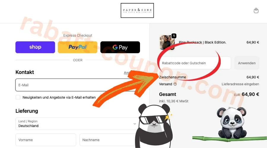 Paper & Sons Checkout mit Eingabefeld für Rabattcode oder Gutschein im Warenkorb