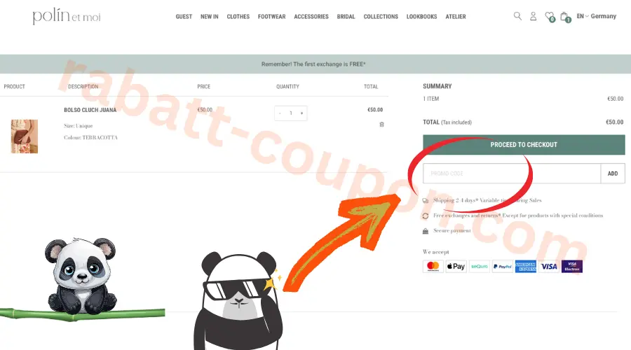 Polin et moi Warenkorb mit markiertem Promo-Code-Feld im Checkout