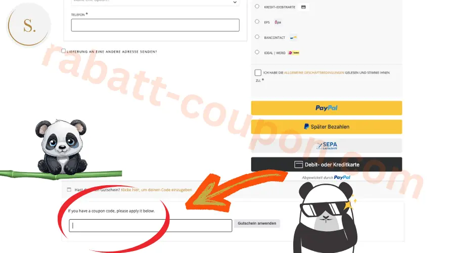 Sandell Watches Checkout-Seite mit Gutscheinfeld, Zahlungsoptionen PayPal, SEPA und Kreditkarte sichtbar