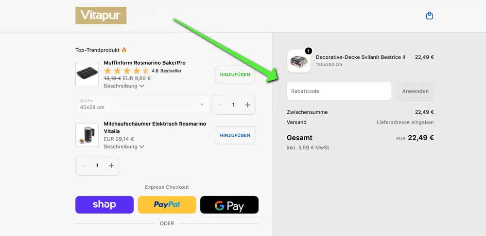 Screenshot des Vitapur Warenkorbs mit Eingabefeld für einen Rabattcode im Checkout-Bereich.
