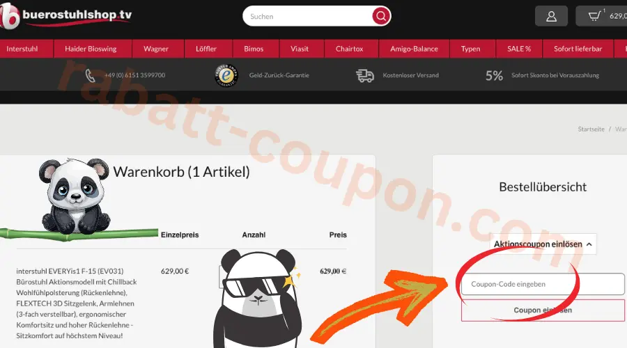 buerostuhlshop.tv Warenkorb mit markiertem Coupon-Code-Feld im Checkout