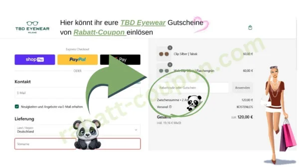 Screenshot des TBD Eyewear Checkouts mit markiertem Gutscheinfeld rechts in der Bestellübersicht, grünem Pfeil und Hinweis zur Einlösung von Rabatt-Coupons.