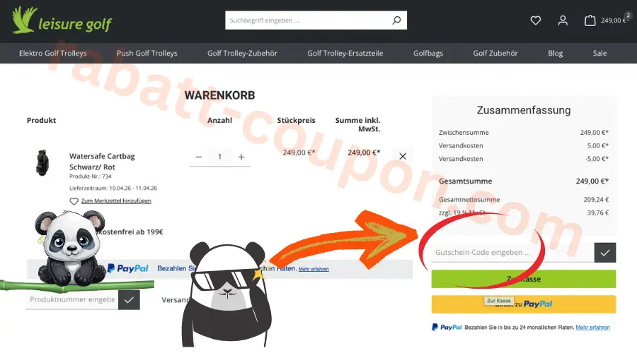 Leisure Golf Warenkorb mit Gutscheinfeld im Checkout und markierter Eingabestelle für den Gutscheincode