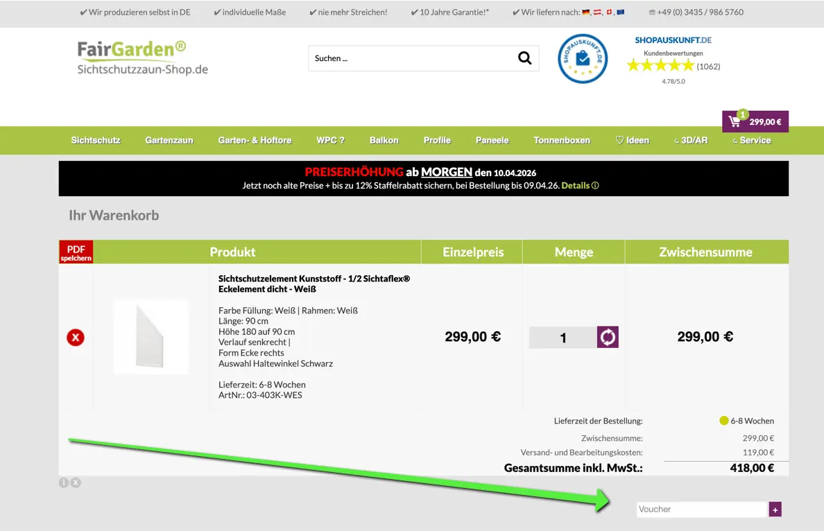 Screenshot des FairGarden Warenkorbs mit Eingabefeld für einen Gutschein im unteren Bereich der Bestellübersicht.
