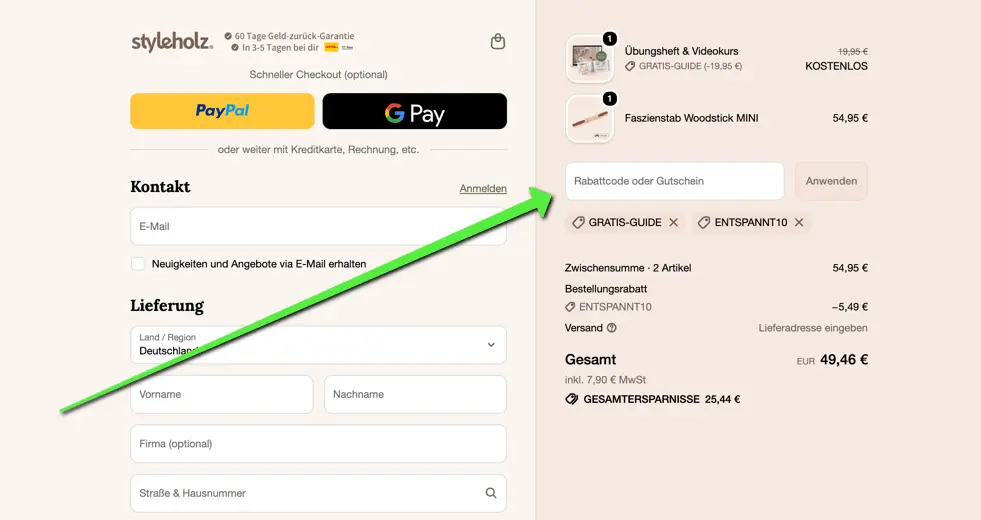 Screenshot des styleholz Checkouts mit Eingabefeld für Rabattcode oder Gutschein im Bestellprozess.