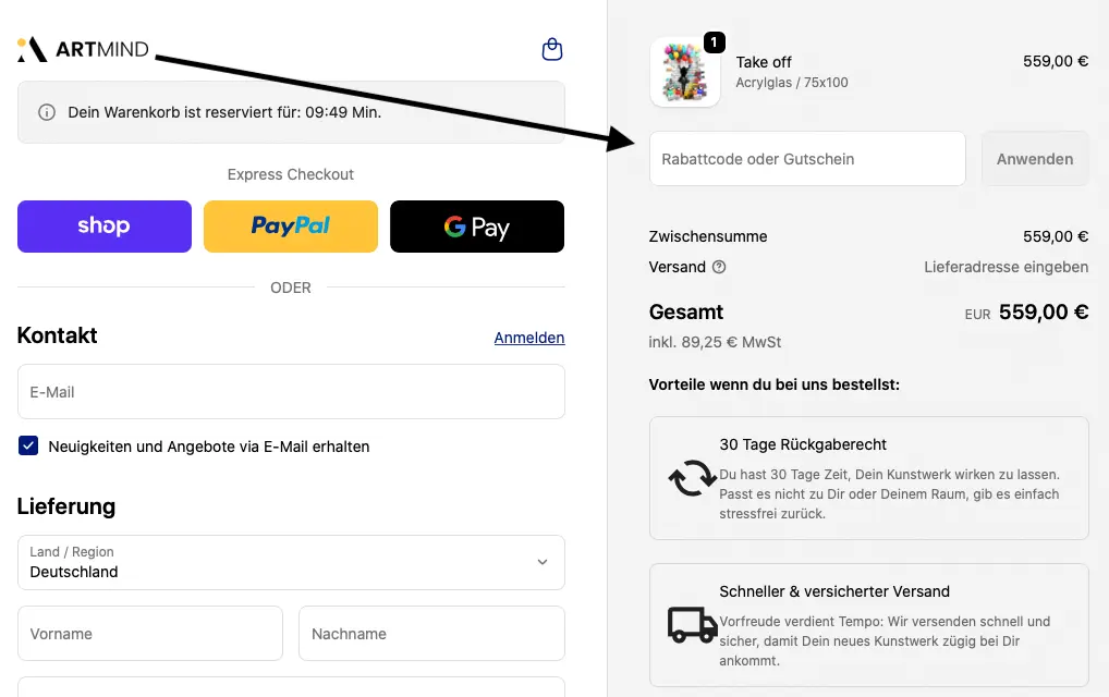 ArtMind Checkout mit sichtbarem Eingabefeld für Rabattcode oder Gutschein in der Bestellübersicht