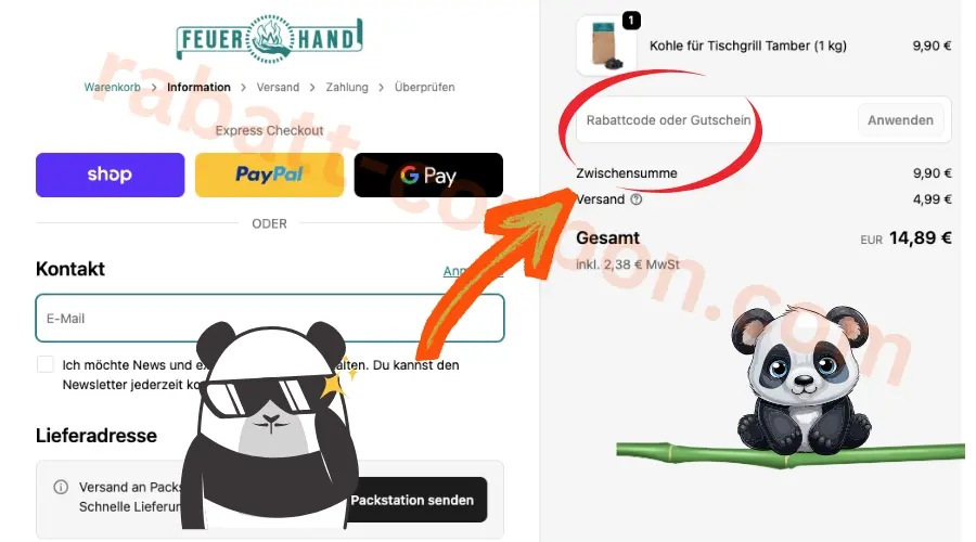 Feuerhand Checkout mit markiertem Feld fuer Rabattcode oder Gutschein