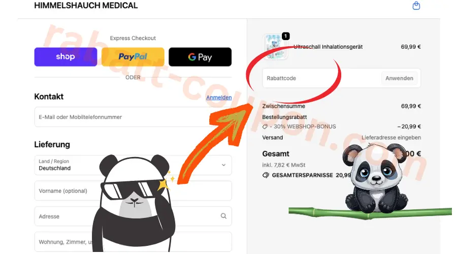 Himmelshauch Medical Checkout mit markiertem Rabattcode-Feld im Bestellbereich