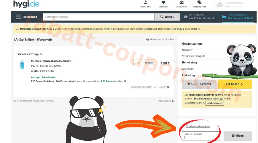 Hygi.de Warenkorb mit markiertem Gutscheincode-Feld im Bestellbereich