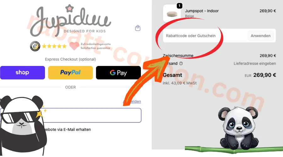 Jupiduu Warenkorb mit markiertem Feld fuer Rabattcode oder Gutschein