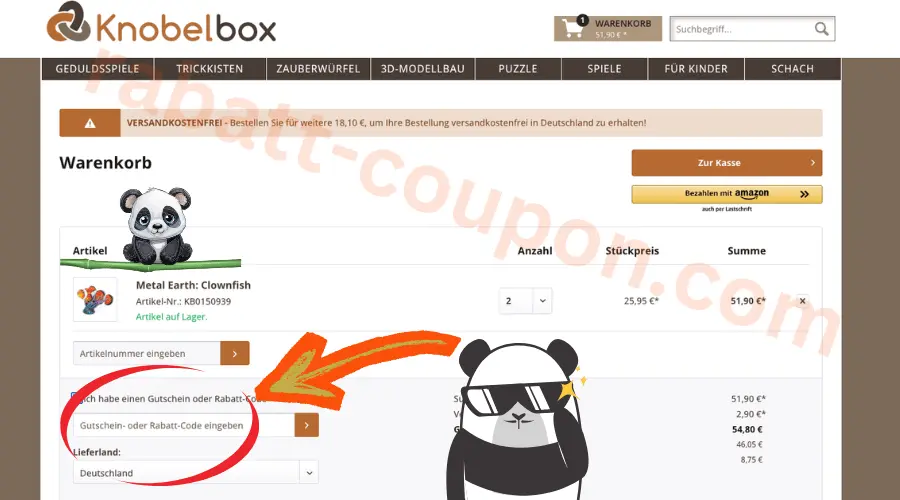 Knobelbox Warenkorb mit markiertem Feld fuer Gutschein oder Rabattcode