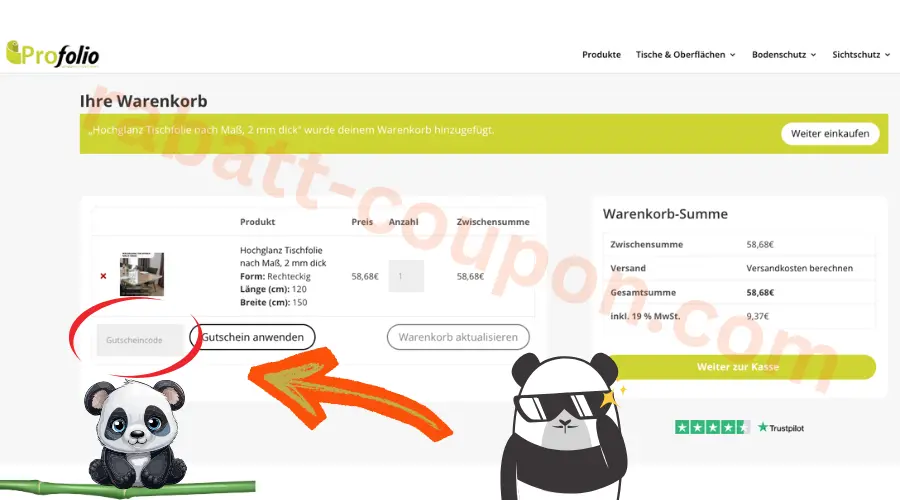 Profolio Warenkorb mit markiertem Gutscheincode-Feld im Checkout