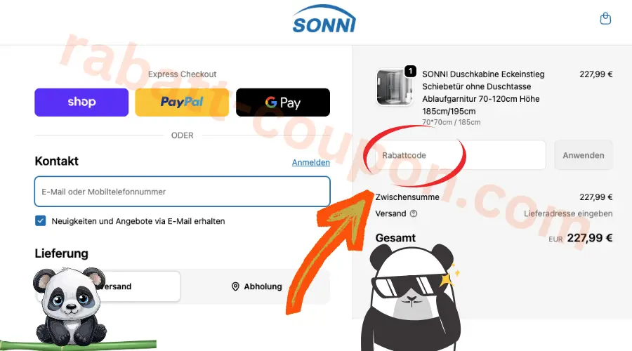 Sonni Checkout mit markiertem Rabattcode-Feld im Bestellbereich