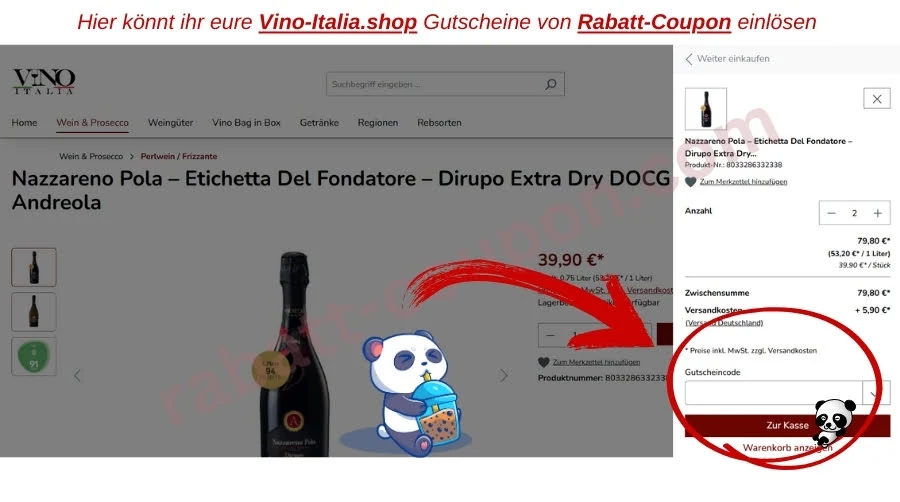Vino-Italia.shop Warenkorb mit markiertem Feld zum Einlösen eines Gutscheincodes