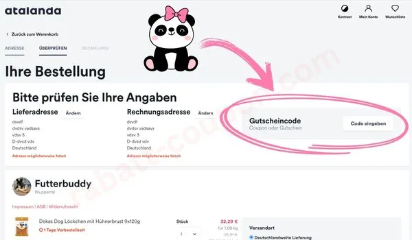 Screenshot des Atalanda Bestellprozesses mit hervorgehobenem Gutscheincode-Feld im Checkout