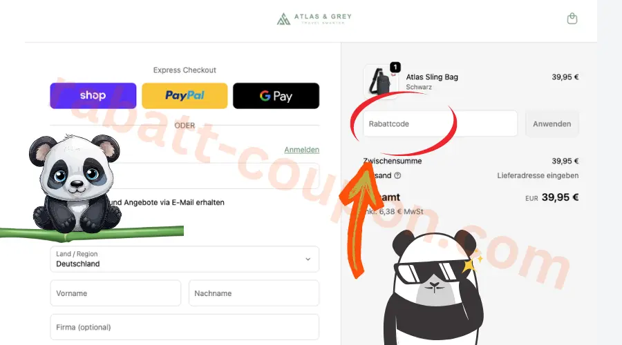 Atlas & Grey Checkout mit markiertem Rabattcode Feld im Bestellbereich