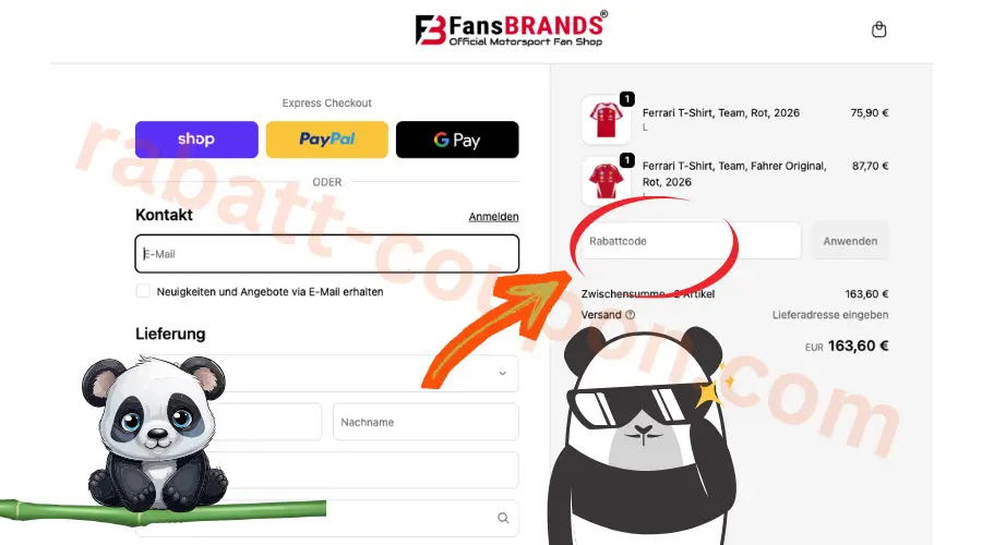 FansBrands Checkout mit markiertem Rabattcode Feld im Bestellbereich