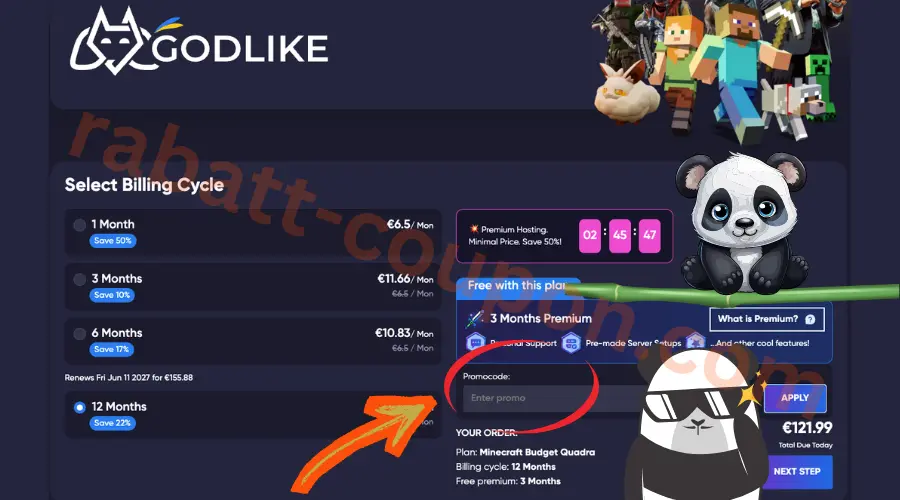 Godlike Host Gutschein Anleitung mit markiertem Promocode-Feld im Hosting-Bestellprozess