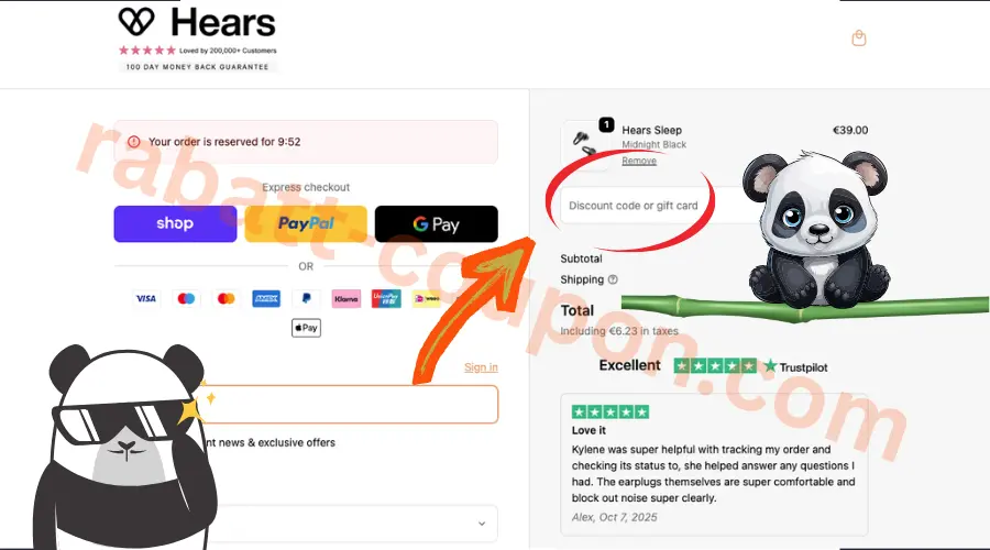 Hears Gutscheinfeld im Checkout mit markiertem Rabattcode-Eingabefeld auf der Bestellseite