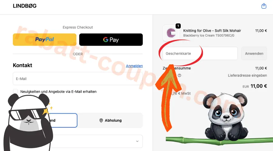 LINDBØG Checkout mit markierter Geschenkkarte im Bestellbereich