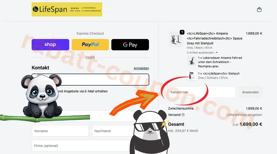 LifeSpan Checkout mit markiertem Rabattcode Feld im Bestellbereich
