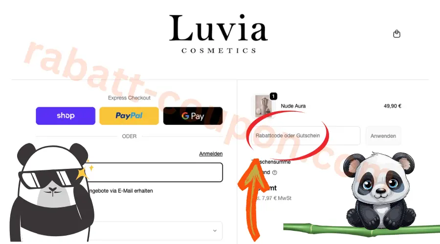 Luvia Cosmetics Checkout mit markiertem Feld fuer Rabattcode oder Gutschein