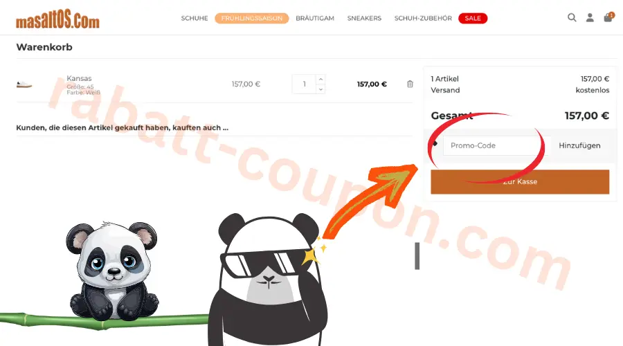 Masaltos.com Warenkorb mit markiertem Promo-Code-Feld im Bestellbereich