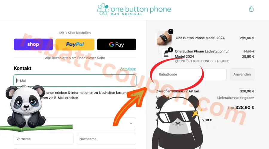 One Button Phone Gutscheinfeld im Checkout mit markiertem Rabattcode-Eingabefeld