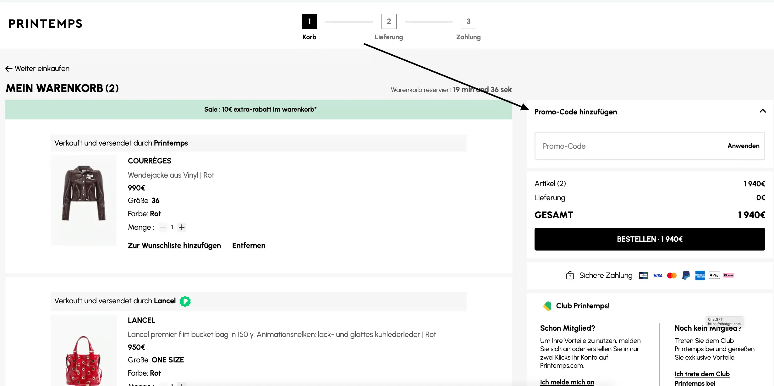 Screenshot des Printemps Warenkorbs mit markiertem Feld zur Eingabe eines Promo-Codes auf der rechten Seite vor dem Bestellabschluss.