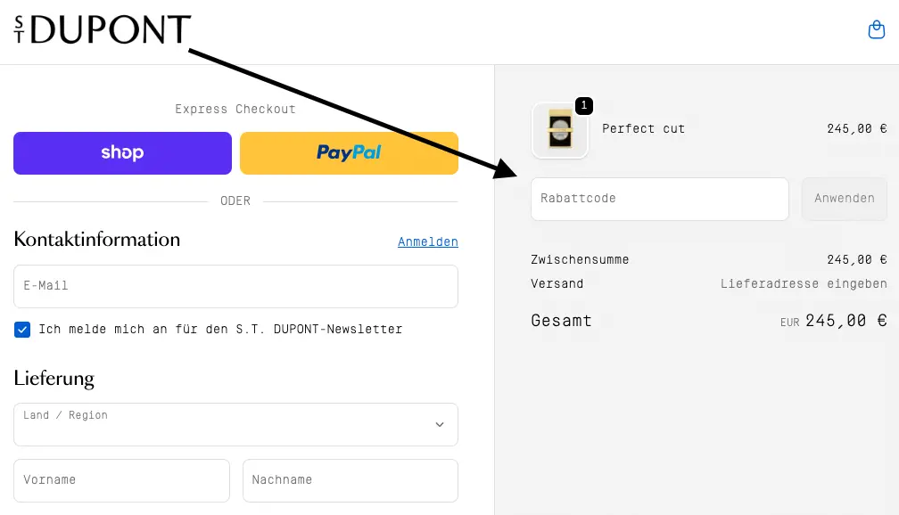 S.T. DUPONT Checkout mit markiertem Rabattcode-Feld in der Bestellübersicht.