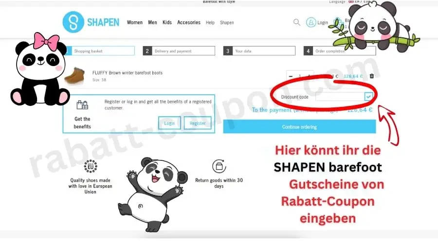 Screenshot des SHAPEN barefoot Warenkorbs mit markiertem Gutscheinfeld „Discount code“, in das der Gutscheincode vor dem Abschluss der Bestellung eingegeben wird.